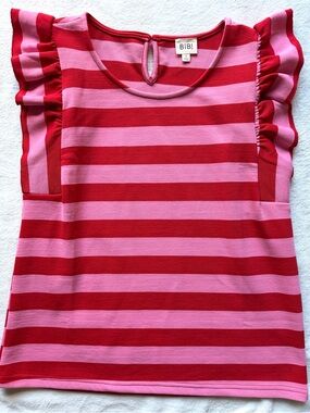 BiBi Red & Pink Striped Ruffle Sleeve Knit Top